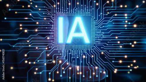 IA - Icône d'IA holographique flottant dans l'air. Développement de l'intelligence artificielle en France