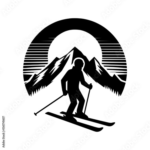 Silhouette of a skier descending a snowy mountain under a stylized sun