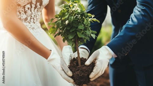 Wedding couple planting unity tree during ceremony, formal clothes with gardening gloves