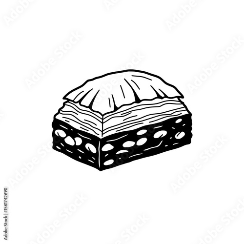 Baklava sweet drawing: A hand-drawn baklava showcases layers of flaky pastry and sweet honey in a vector illustration.