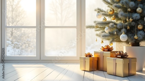 Christmas tree and gifts in a luxurious living room with a view of the window