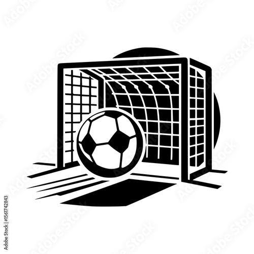 Stylized black and white illustration of a soccer ball about to enter a goal