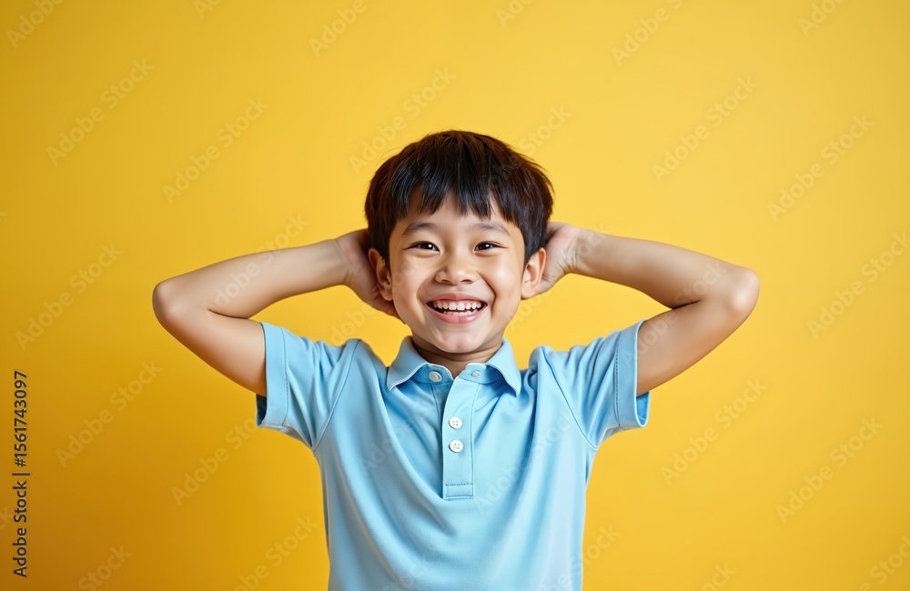Joyful asian boy portrait on yellow background. Happy child smiling, hands behind head. Cheerful kid portrait, showing happiness, positive emotions. Yellow backdrop studio, isolated. Joyful asian boy portrait on yellow background. Happy child smiling, hands behind head. Cheerful kid portrait, showing happiness, positive emotions. Yellow backdrop studio, isolated.