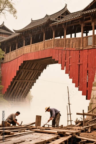 Workers constructing a traditional wooden bridge under an intricate, multi-tiered roof structure.