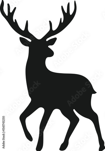 Silhouette of a majestic stag with large antlers walking gracefully on a white background