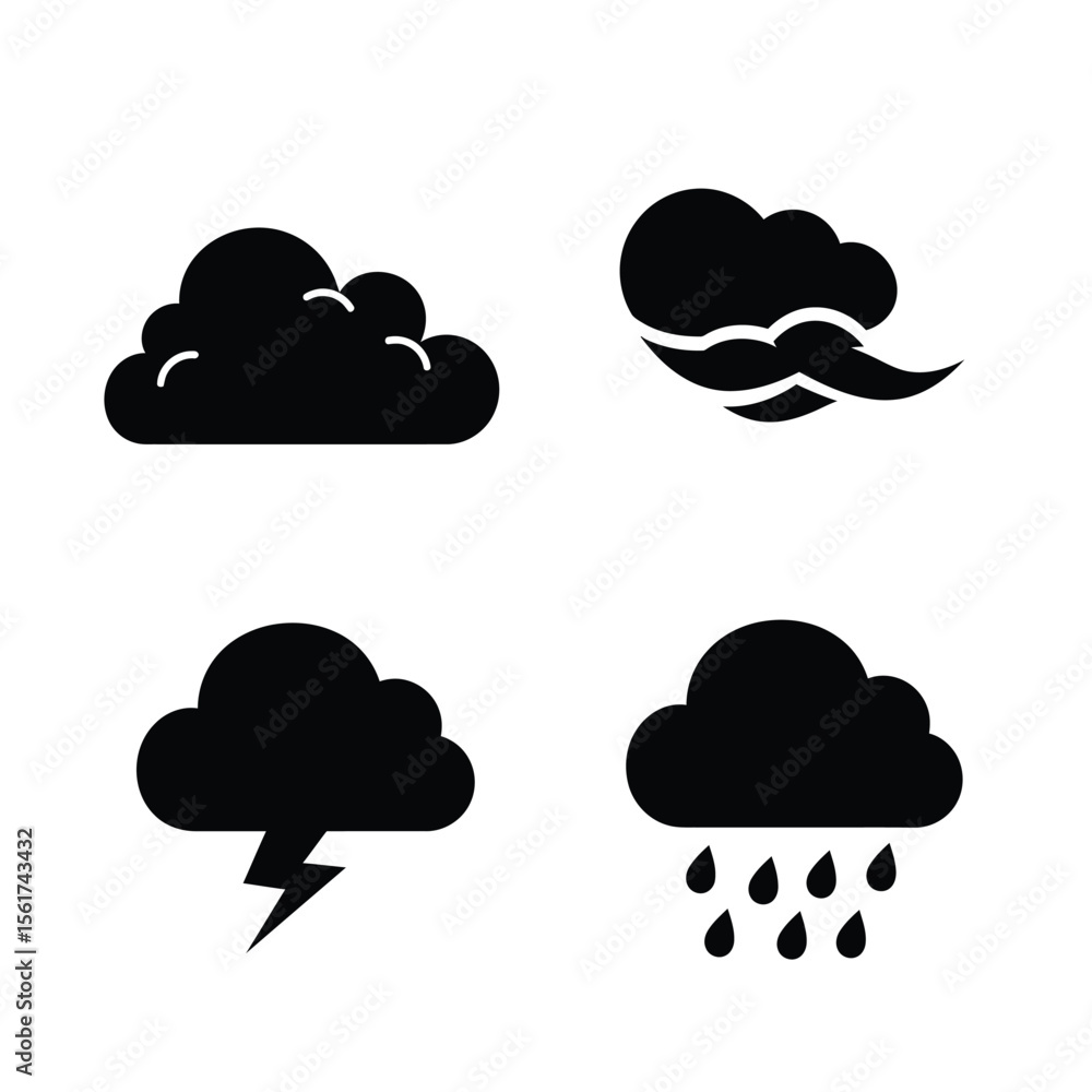 Dark Storm Clouds: Four Simple Weather Icons, Minimalist Black and White, Graphic Design Elements for Meteorology App or Website. Dark Storm Clouds: Four Simple Weather Icons, Minimalist Black and White, Graphic Design Elements for Meteorology App or Website.