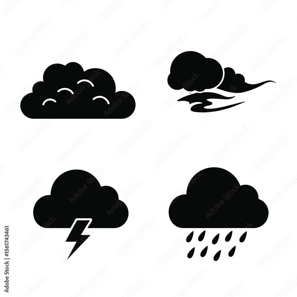 Dark Storm Clouds: Four Simple Weather Icons, Minimalist Black and White, Graphic Design Elements for Meteorology App or Website. Dark Storm Clouds: Four Simple Weather Icons, Minimalist Black and White, Graphic Design Elements for Meteorology App or Website.