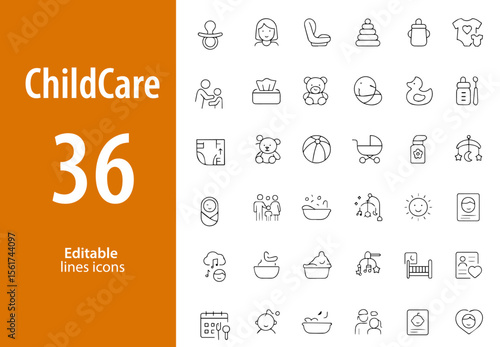 Childcare Line Icons, Baby, Feeding Bottle, Diaper, Toys, Crib, Stroller, Babysitter, Daycare Center, and More, Editable Formats: AI, EPS, JPG, PNG, Ideal for Both Digital and Print Use
