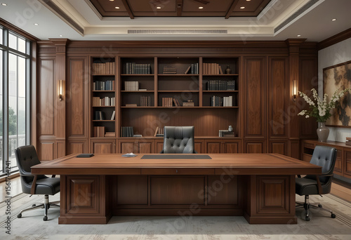 Executive office wood desk leather chairs bookshelf