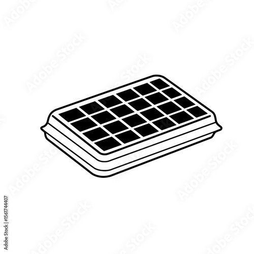 Breakfast delight: A fresh waffle rests patiently in a square tray, the geometric patterns create an enticing visual. This is a breakfast.