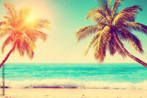 Fototapeta Naklejka Na Ścianę i Meble -  Tropical beach scene with palm trees.  Ocean waves meet golden sand.  Vibrant colors, vintage filter