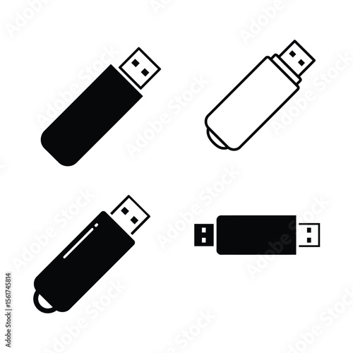 Sleek Black and White USB Flash Drive Icons:  Four Variations, Isolated on White Background, Minimalist Design.