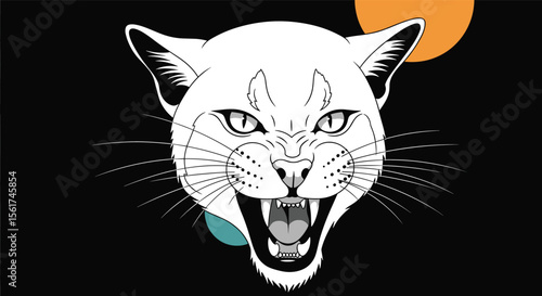 Aggressive White Feline Face Illustration with Subtle Colorful Circles Against a Dark Background