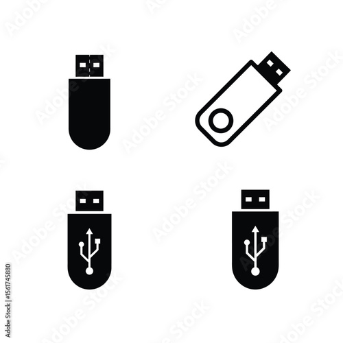 Sleek Black and White USB Flash Drive Icons:  Four Variations, Isolated on White Background, Minimalist Design.