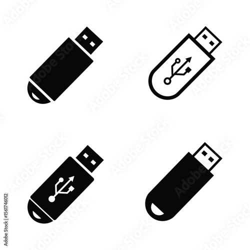 Sleek Black and White USB Flash Drive Icons:  Four Variations, Isolated on White Background, Minimalist Design.