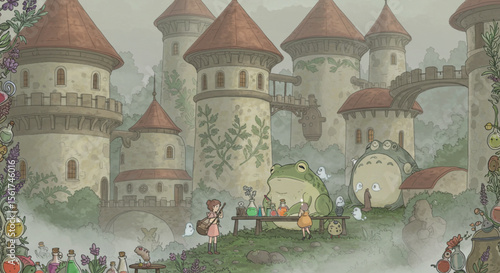 Enchanted Misty Castle Town with Frogs and Alchemist