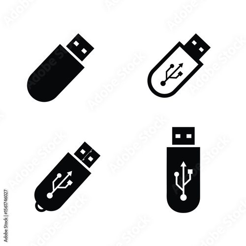 Sleek Black and White USB Flash Drive Icons:  Four Variations, Isolated on White Background, Minimalist Design.