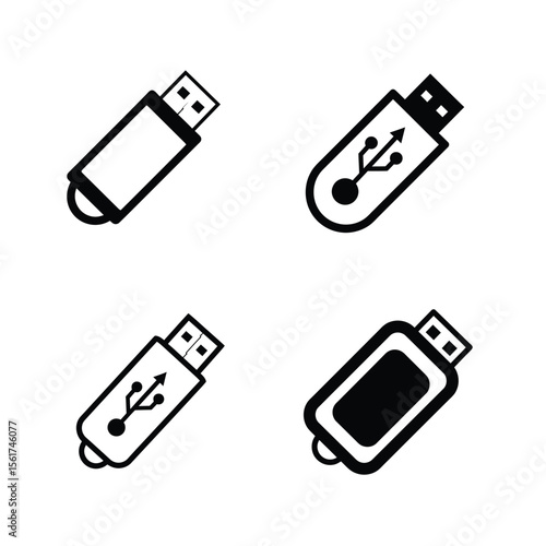 Sleek Black and White USB Flash Drive Icons:  Four Variations, Isolated on White Background, Minimalist Design.