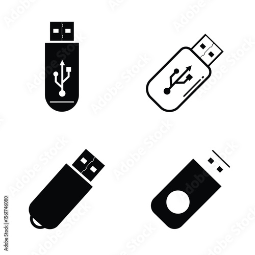 Sleek Black and White USB Flash Drive Icons:  Four Variations, Isolated on White Background, Minimalist Design.