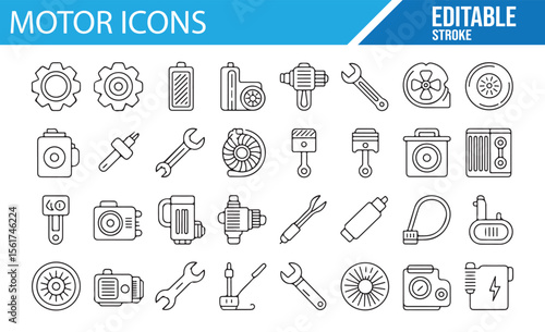 Set of icons for automotive and mechanical parts, engines, and repair tools.
