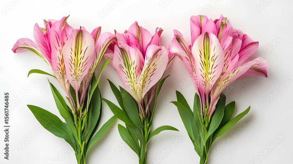 Obraz premium Three Pink Alstroemeria Flowers Bouquet on White Background