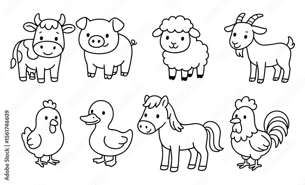 Obraz premium Set of black and white cartoon farm animals including cow, pig, sheep, goat, hen, duck, horse, and rooster. Line art outline illustration of domestic animals for kids
