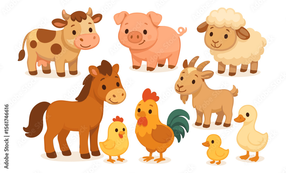 Set of cartoon farm animals including cow, pig, sheep, goat, horse, hen, rooster, and duck. Cute stylized vector illustration of domestic animals Set of cartoon farm animals including cow, pig, sheep, goat, horse, hen, rooster, and duck. Cute stylized vector illustration of domestic animals