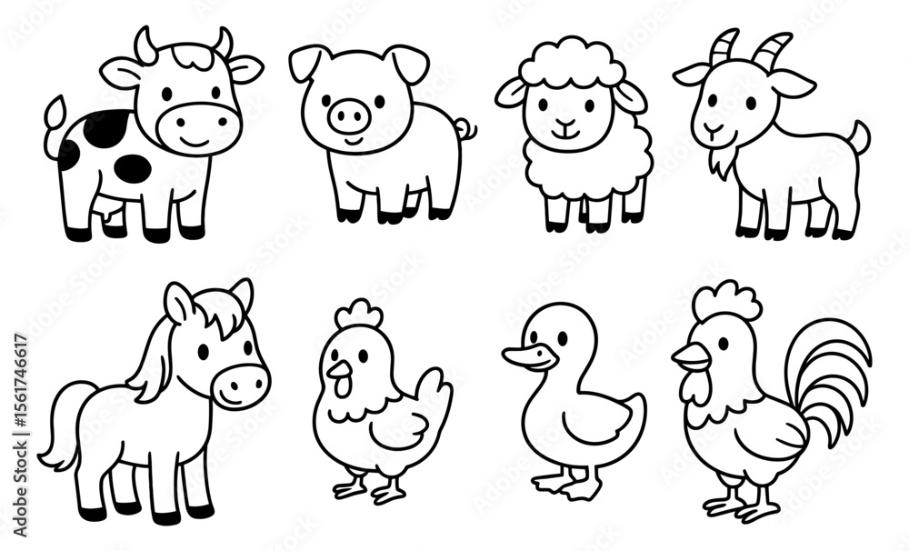 Fototapeta premium Set of black and white cartoon farm animals including cow, pig, sheep, goat, hen, duck, horse, and rooster. Line art outline illustration of domestic animals for kids