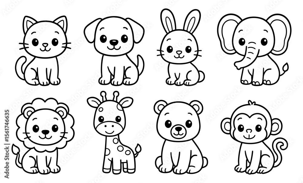 Set of black and white cartoon animals including cat, dog, rabbit, elephant, lion, giraffe, bear, and monkey. Line art outline illustration of cute zoo and pet animals for children Set of black and white cartoon animals including cat, dog, rabbit, elephant, lion, giraffe, bear, and monkey. Line art outline illustration of cute zoo and pet animals for children