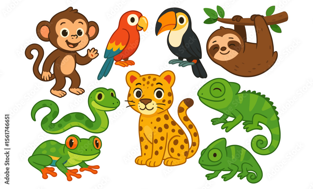 Naklejka premium Set of cartoon jungle animals including monkey, parrot, toucan, sloth, leopard, snake, frog, and chameleon. Cute stylized vector illustration of rainforest animals