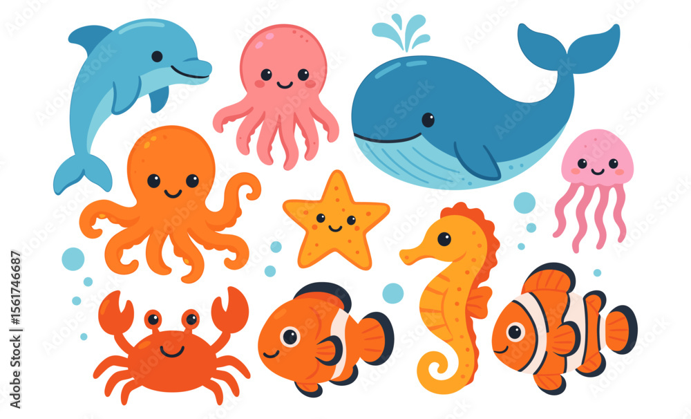 Obraz premium Set of cartoon sea animals including dolphin, whale, octopus, jellyfish, seahorse, clownfish, crab, starfish, and seashell. Cute stylized vector illustration of ocean creatures with bubbles