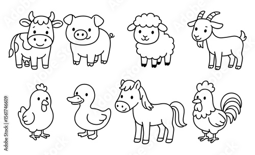 Set of black and white cartoon farm animals including cow, pig, sheep, goat, hen, duck, horse, and rooster. Line art outline illustration of domestic animals for kids