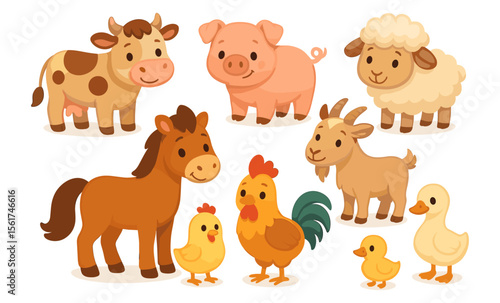 Set of cartoon farm animals including cow, pig, sheep, goat, horse, hen, rooster, and duck. Cute stylized vector illustration of domestic animals