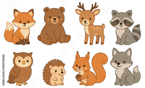 Set of cartoon forest animals including fox, bear, deer, raccoon, owl, hedgehog, squirrel, and wolf. Cute stylized vector illustration of woodland creatures