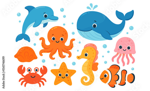 Set of cartoon sea animals including dolphin, whale, octopus, jellyfish, seahorse, clownfish, crab, starfish, and seashell. Cute stylized vector illustration of ocean creatures with bubbles