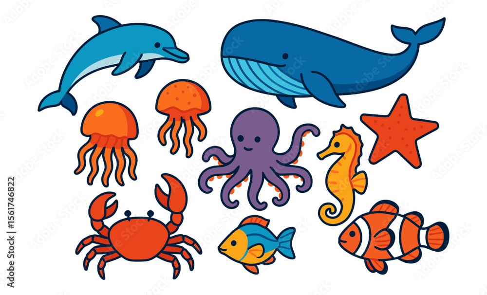 Obraz premium Set of cartoon ocean animals including dolphin, whale, jellyfish, octopus, seahorse, crab, starfish, and clownfish. Flat vector illustration of marine wildlife