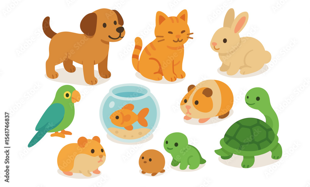 Obraz premium Set of cartoon domestic pets including dog, cat, rabbit, parrot, hamster, guinea pig, turtle, fish in bowl, and small toy-like animals. Flat vector illustration of pet animals