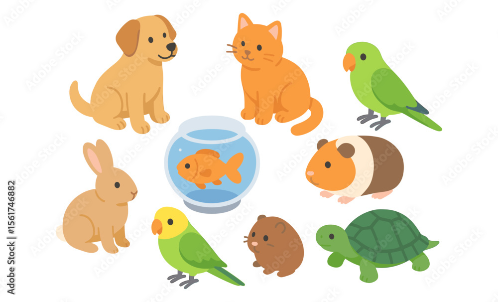 Fototapeta premium Set of cartoon domestic pets including dog, cat, rabbit, parrot, hamster, guinea pig, turtle, fish in bowl, and small toy-like animals. Flat vector illustration of pet animals