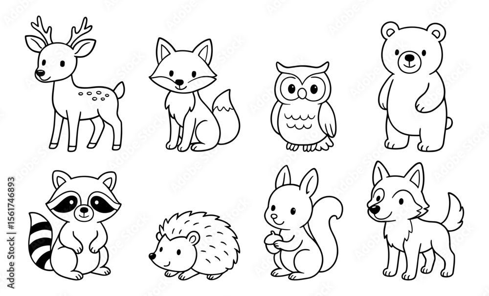 Obraz premium Set of outlined cartoon forest animals including deer, fox, bear, owl, raccoon, hedgehog, squirrel, and wolf. Black and white vector line drawing