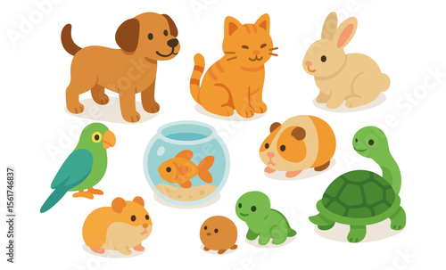 Set of cartoon domestic pets including dog, cat, rabbit, parrot, hamster, guinea pig, turtle, fish in bowl, and small toy-like animals. Flat vector illustration of pet animals