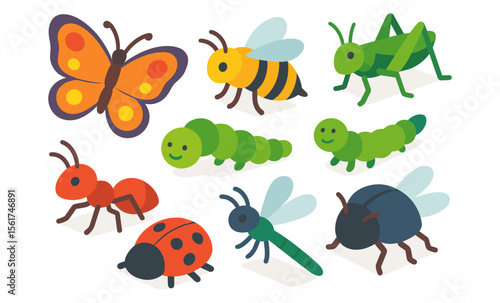 Set of cartoon insects including butterfly, bee, caterpillar, ant, grasshopper, ladybug, dragonfly, and beetle. Flat vector illustration of bugs and arthropods