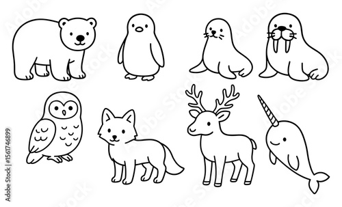Set of outlined cartoon Arctic animals including polar bear, penguin, seal, walrus, snowy owl, arctic fox, reindeer, and narwhal. Black and white vector line drawing