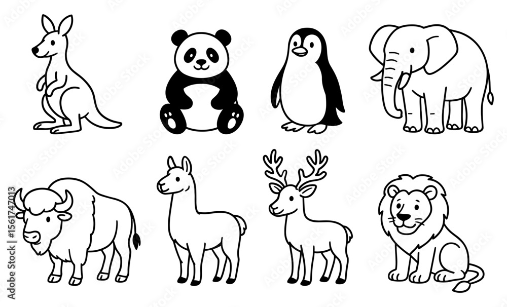 Fototapeta premium Set of outlined cartoon wild animals including kangaroo, panda, penguin, elephant, bison, llama, deer, and lion. Black and white vector line drawing