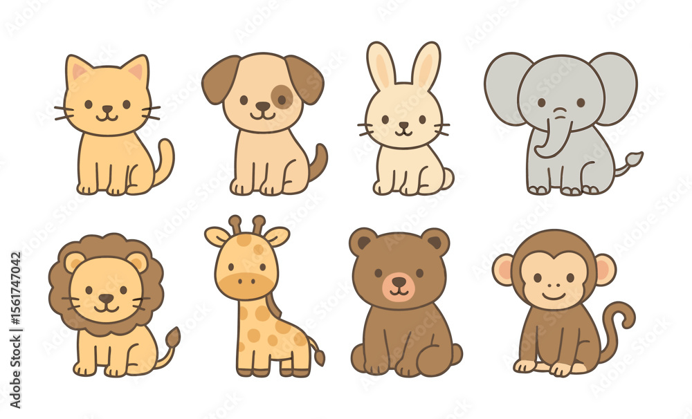 Obraz premium Set of cartoon animals including cat, dog, rabbit, elephant, lion, giraffe, monkey, and bear. Flat pastel vector illustration. Domestic and wild animal concept