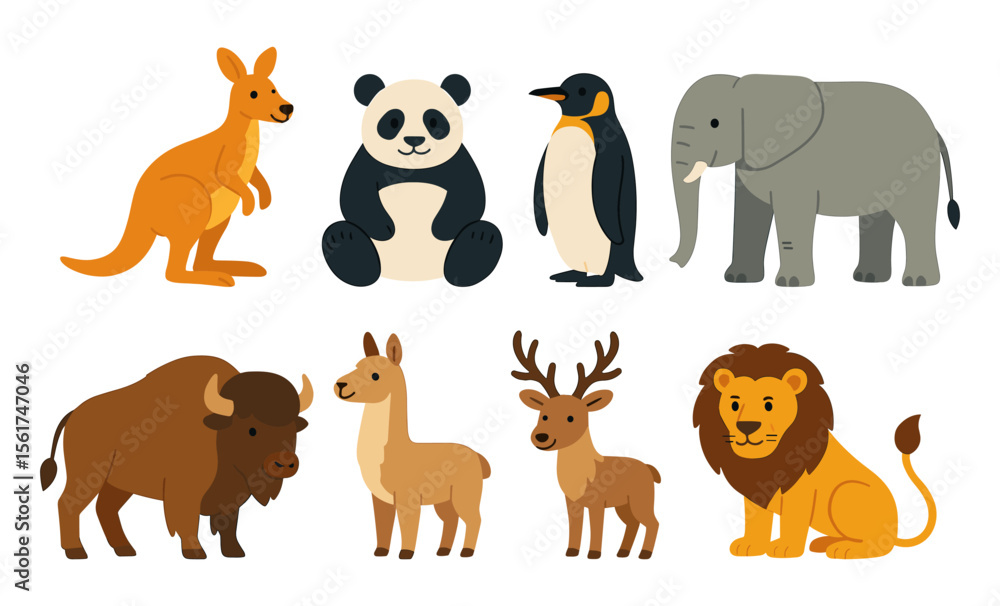 Fototapeta premium Set of flat cartoon wild animals including kangaroo, panda, penguin, elephant, bison, llama, deer, and lion. Colorful vector illustration. Wildlife and zoo animal concept