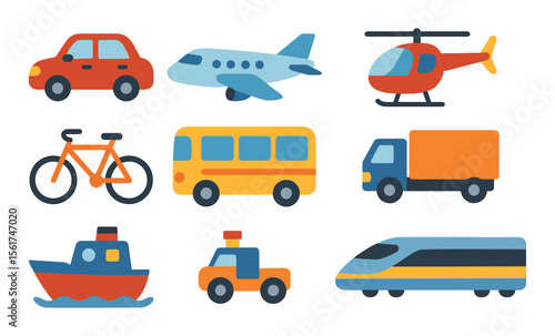 Set of flat cartoon transport vehicles including car, bus, airplane, train, ship, bicycle, truck, and helicopter. Colorful vector illustration