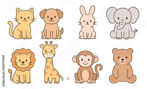 Set of cartoon animals including cat, dog, rabbit, elephant, lion, giraffe, monkey, and bear. Flat pastel vector illustration. Domestic and wild animal concept