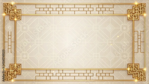 Elegant Gold Art Deco Frame on Beige Geometric Background; Luxury, Premium, Festive Design.