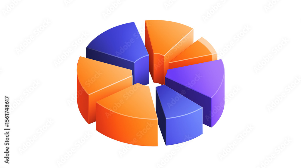 Obraz premium 3D pie chart in blue, orange and purple slices, isometric style, business analytics concept, PNG