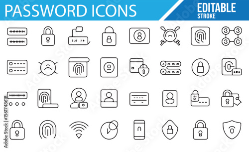 Editable icons for digital security, including passwords, biometric authentication, and encryption.